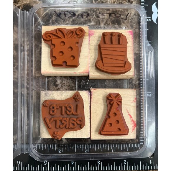 Stampin Up! 2003 Wood mounted Rubber Stamp set of 4 Let's Party - Picture 3 of 9